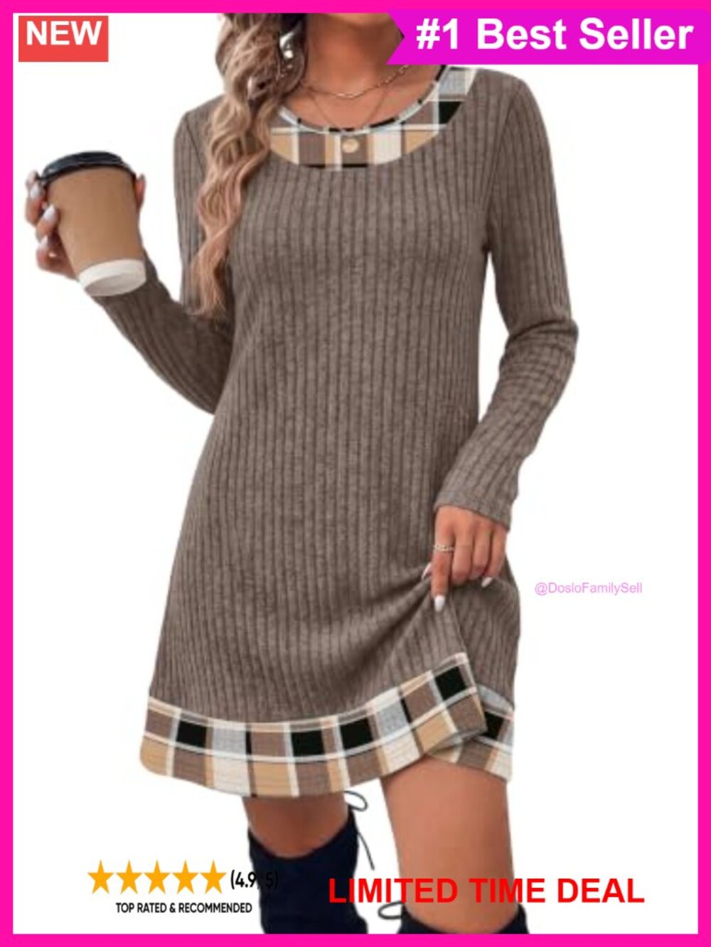 Ribbed Knit Long Sleeve Sweater Dress Side Pockets Business Casual